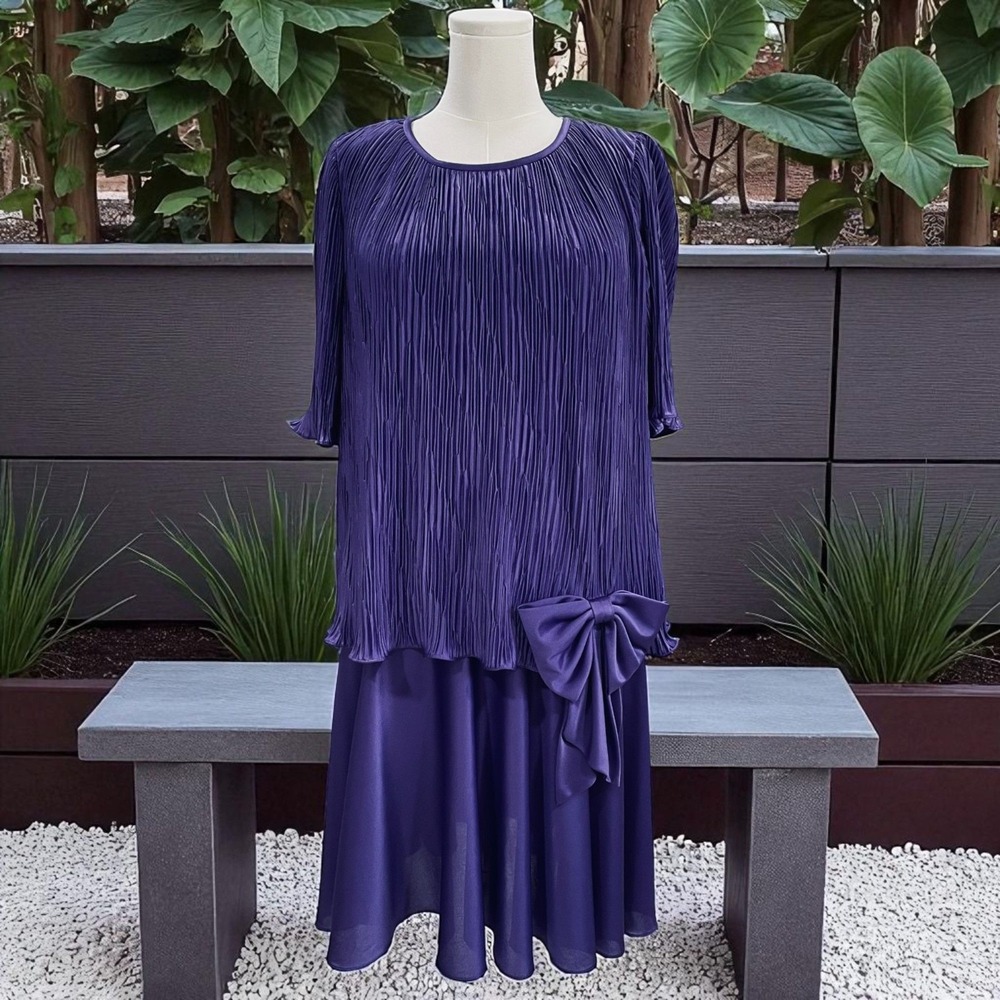 Vintage‎ Gilberti Purple Pleated Dress With Bow Royalcore Cottagecore Occasion